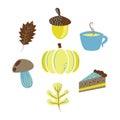 Autumn harvest objects pumpkin, acorn, pie, mushroom and leaves. Fall clip art.