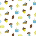 Autumn harvest objects pumpkin, acorn, pie, mushroom and leaves. Fall seamless pattern in blue and yellow colors.