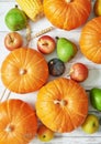 Autumn harvest pumpkin background. Autumn harvest vegetables and fruits. Pumpkins, apples, pears, corn on table. Thanksgiving Royalty Free Stock Photo