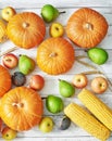 Autumn harvest pumpkin background. Autumn harvest vegetables and fruits. Pumpkins, apples, pears, corn on table. Thanksgiving Royalty Free Stock Photo