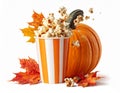Autumn Harvest Pumpkin and Popcorn Still Life with White Background Royalty Free Stock Photo