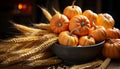 Autumn harvest pumpkin, wheat, corn abundance of nature meal generative AI