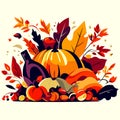 Autumn harvest, pumpkins, apples, berries, leaves. Vector illustration AI generated