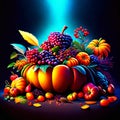 Autumn harvest - pumpkins, berries and autumn leaves on dark background AI Generated