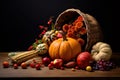 Autumn harvest with pumpkins on a wooden table. Thanksgiving. Vegetables, fruits and flowers Royalty Free Stock Photo