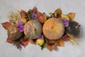 Autumn harvest: pumpkins, pears, leaves, viburnum, flowers and ears of wheat on gray background. Centerpieces