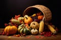 Autumn harvest with pumpkins on a wooden table. Thanksgiving. Vegetables, fruits and flowers Royalty Free Stock Photo