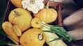 Autumn harvest, pumpkins, zucchini and green onions