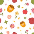 Autumn harvest seamless pattern. Honey, apple and pomegranate. Delicious fresh food. Rosh hashanah, Jewish New Year