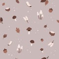 Autumn harvest seamless pattern with nuts, acorns, leaves and mushrooms. Cozy seasonal background with woodland vibes Royalty Free Stock Photo