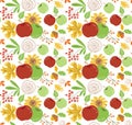 Autumn harvest seamless pattern with red green aplles flowers Garden farm eco natural background