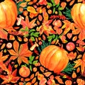Autumn harvest seamless pattern. Watercolor repeat print with fall leaves and foods