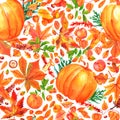 Autumn harvest seamless pattern. Watercolor repeat print with fall leaves and foods