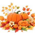 Autumn Harvest Splendor, 3D Realistic Thanksgiving decorated with pumpkins and autumn fall maple leaves. Royalty Free Stock Photo