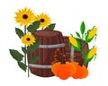 Autumn harvest sunflower, corn, pumpkin and barrel Vector