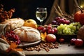 Autumn harvest is on the table. Pumpkins, bread, grapes and wine. Thanksgiving day. Harvest Festival