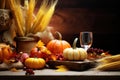 Autumn harvest is on the table. Pumpkins, corn and grapes. Thanksgiving day. Harvest Festival