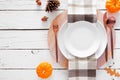 Autumn harvest or thanksgiving dinner table setting over a white wood background Royalty Free Stock Photo