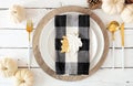 Autumn harvest or thanksgiving dinner table setting. Top view on a white wood background. Royalty Free Stock Photo