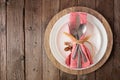 Autumn harvest or thanksgiving table setting top view on rustic wood Royalty Free Stock Photo