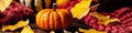 Autumn, harvest time. Composition with ripe organic pumpkins, apples, red scarf and yellow leaves. Basket on background. Low key, Royalty Free Stock Photo