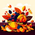 Autumn harvest vector illustration. Fall seasonal fruit and vegetables in basket generative AI Royalty Free Stock Photo