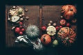 Autumn harvest vegetables and fruits in dark background