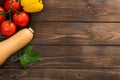 Autumn harvest, vegetables and fruits on old wooden background, Flat lay, top view, overhead. Organic food concept