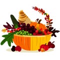 Autumn harvest of vegetables and fruits in a wooden bowl. Vector illustration. Generative AI Royalty Free Stock Photo