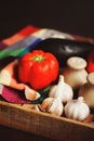 Autumn harvest vegetables, home growth onion and garlic picked up from farm in rustic tray Royalty Free Stock Photo