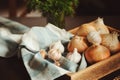 Autumn harvest vegetables, home growth onion and garlic picked up from farm in rustic tray Royalty Free Stock Photo