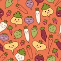 Autumn harvest vegetables. Seamless pattern. Cute orange background with kawaii veggies. Royalty Free Stock Photo