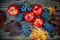 Autumn harvest at vineyard and farm with ripe grapes and red apples, fresh and organic fruits Royalty Free Stock Photo