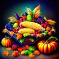 Autumn harvest in a wicker basket with fruits and vegetables on a dark background AI Generated Royalty Free Stock Photo