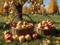 Autumn. Fruit harvesting. Two baskets with apples and pears on the grass in the garden.