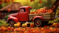 Autumn. Harvesting pumpkins. Farmer truck loaded with pumpkin. Cartoon style. Close-up.
