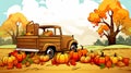 Autumn. Harvesting pumpkins. Farmer truck loaded with pumpkin. Rural landscape. Cartoon style. Close-up.