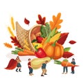 Autumn harvesting. Vector flat cartoon illustration for Thanksgiving holiday. People carrying vegetables to cornucopia
