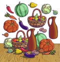Autumn harvesting. Vector illustration of group of many fruit and vegetable