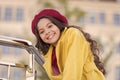 Autumn hat fashion accessory. French trend fall season. Girl walk defocused background. Charming little french style