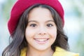 Autumn hat fashion accessory. French trend fall season. Girl walk defocused background. Charming little french style