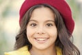 Autumn hat fashion accessory. French trend fall season. Girl walk defocused background. Charming little french style