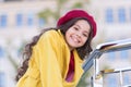 Autumn hat fashion accessory. French trend fall season. Girl walk defocused background. Charming little french style