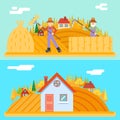 Autumn hay peasant harvestman harvest Icon Village Hills Field Landscape Background Flat Design Vector Illustration Royalty Free Stock Photo