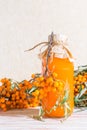 Autumn healthy fruit vitamin drink with antioxidants homemade recipe orange sea buckthorn berry juice in glass bottle on Royalty Free Stock Photo