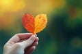 Autumn heart shaped leaf in a woman\'s hand Ai photo Royalty Free Stock Photo