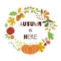 Autumn is here Floral harvest wreath Fall elements Orange pumpkin maple leaves apple acorn nature