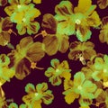 Autumn Hibiscus Jungle. Green Seamless Backdrop. Gray Flower Design. Yellow Watercolor Backdrop. Orange Pattern Print. Purple Trop Royalty Free Stock Photo