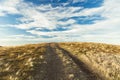 Autumn highland meadow simple rustic scenic view horizon background line board with cloudy sky