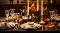 Autumn holiday tablescape, formal dinner table setting, table scape with elegant autumnal floral decor for wedding party and event